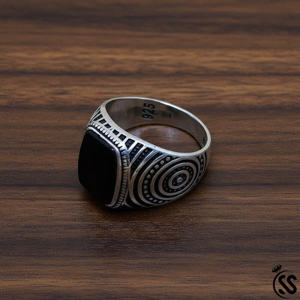 SilverStones.Pk vintage Turkish gents ring, 925 sterling silver with black onyx stone and Ottoman-inspired design.