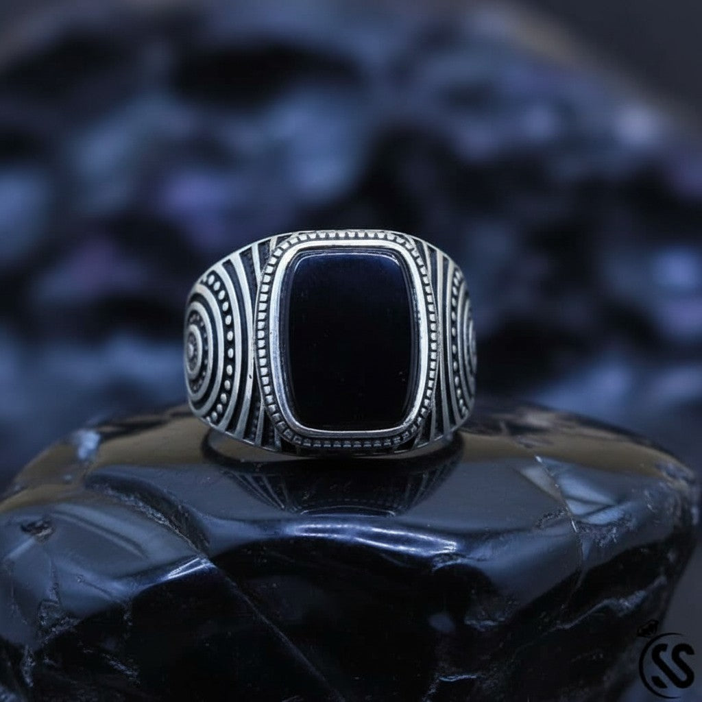 SilverStones.Pk vintage Turkish gents ring, 925 sterling silver with black stone and Ottoman-inspired design.