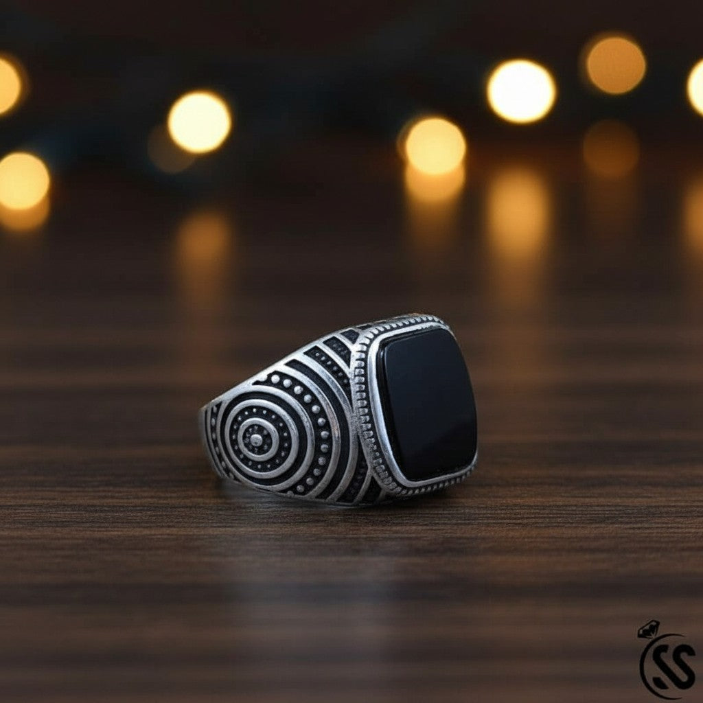 SilverStones.Pk vintage Turkish gents ring, crafted from 925 sterling silver with a black onyx stone and Ottoman-inspired design.