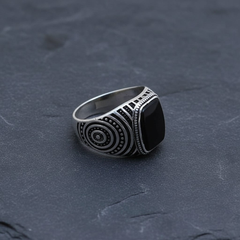 SilverStones.Pk vintage Turkish gents ring in 925 sterling silver with a black stone and Ottoman-inspired design.