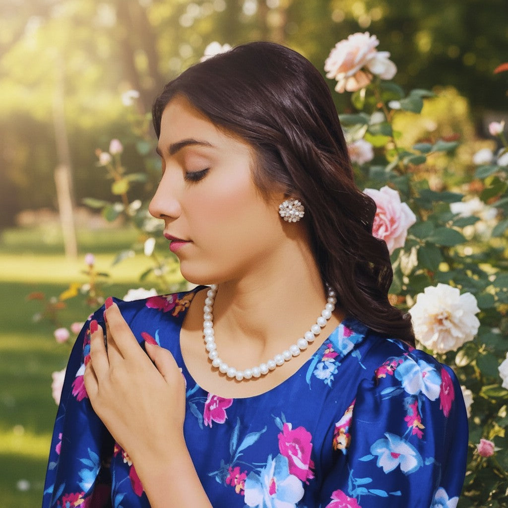 SilverStones.Pk white pearl necklace and matching earrings on a woman wearing a blue floral dress.